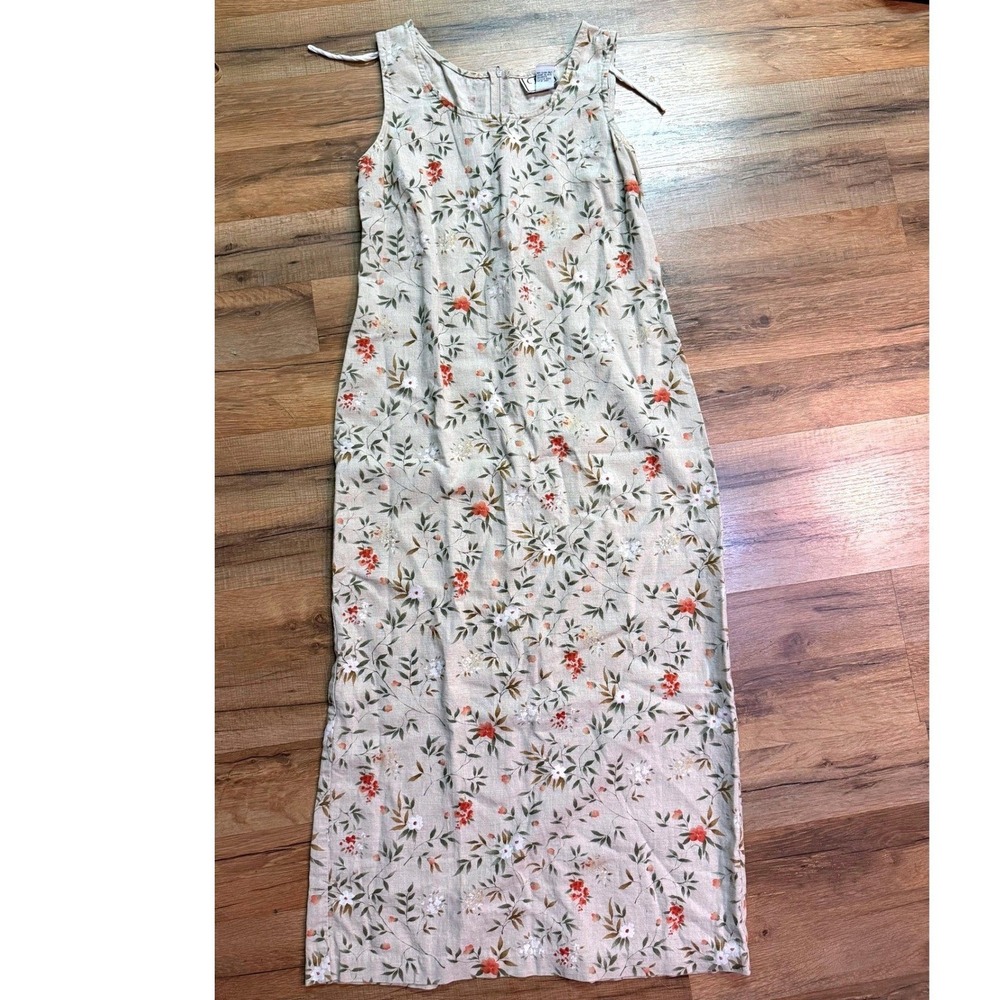 Vintage Linen Blend Maxi Dress Beige Floral Sleeveless Cottagecore Boho Size 6
